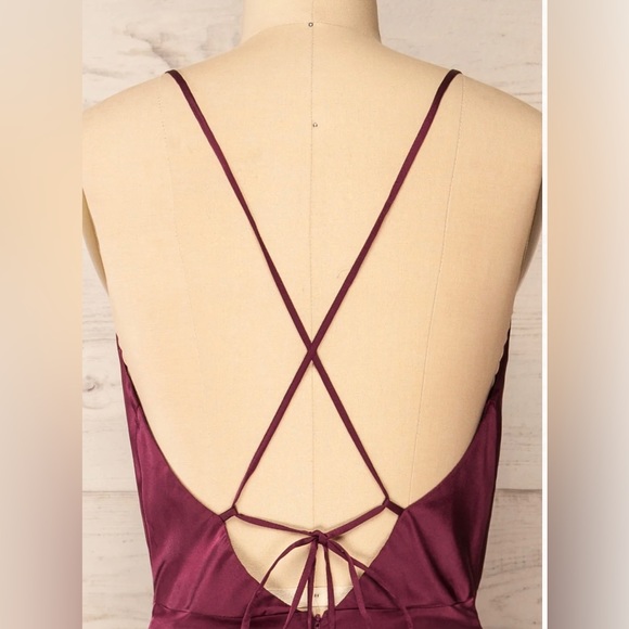 Burgundy Satin cowl neck open back dress with slit - Picture 5 of 7
